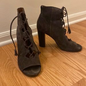 Frye, Green Suede, Interior leather, lace up, high heel, Size 8.5